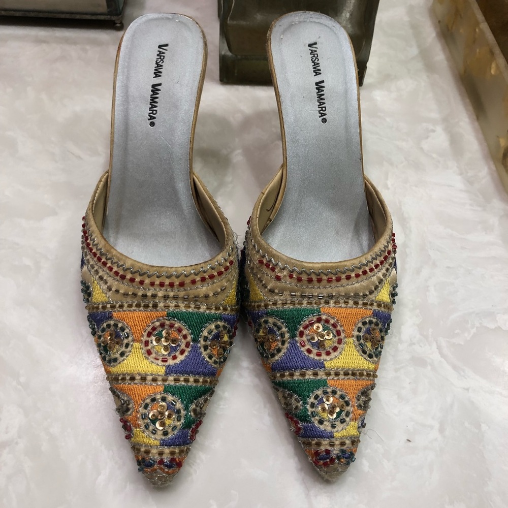 Heeled mule slippers, embroidery & beads, Size 6.5 - Picture 1 of 11